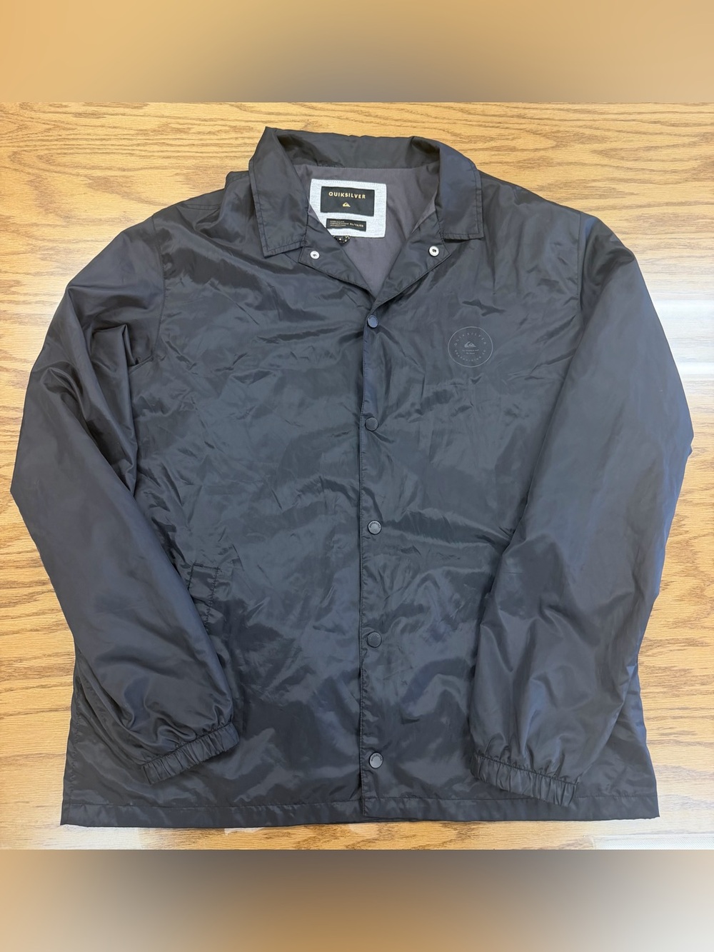 Quiksilver Jacket Black Snap Front Windbreaker Fleece Lined Surf Coach XL 24x28